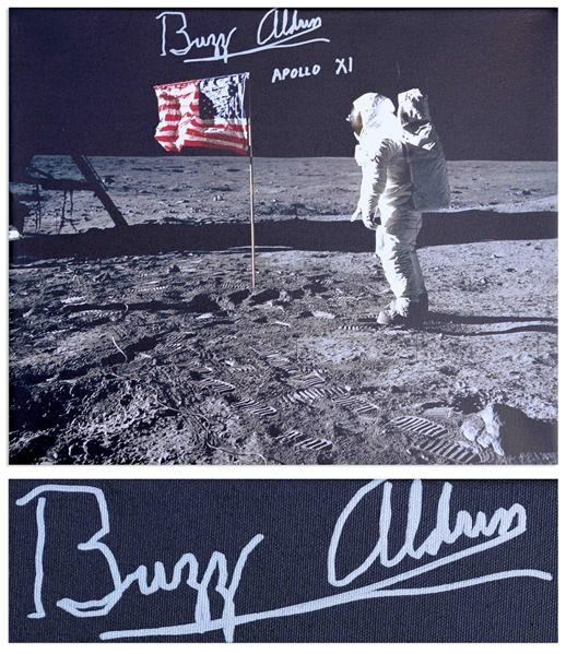 Buzz Aldrin Signed Canvas of the Iconic Apollo 11 Image Showing Aldrin Standing Next to the U.S. Flag -- Measures 24 x 20
